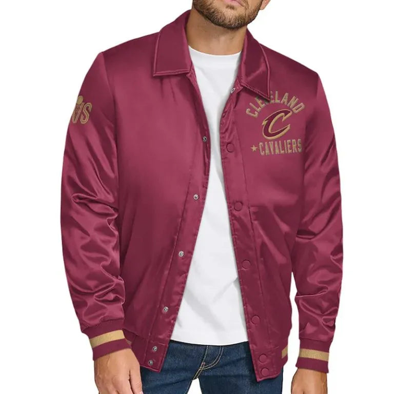 Cleveland Cavaliers Stitch Applique Full-Snap Varsity Wine Satin Men's Bomber Jacket