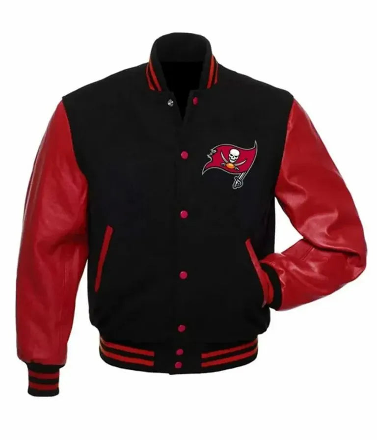 Tampa Bay Buccaneers Black Wool & Red Genuine Leather Sleeves Men's Varsity Letterman Jacket
