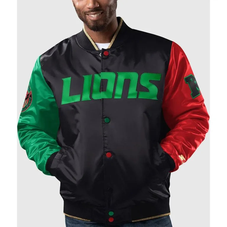 Detroit Lions Ty Mopkins History Full-Snap Varsity Black Satin Men's Bomber Jacket
