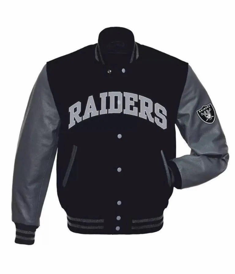 Los Vegas Raiders Black Wool and Grey Genuine Leather Sleeves Men's Varsity Letterman Jacket