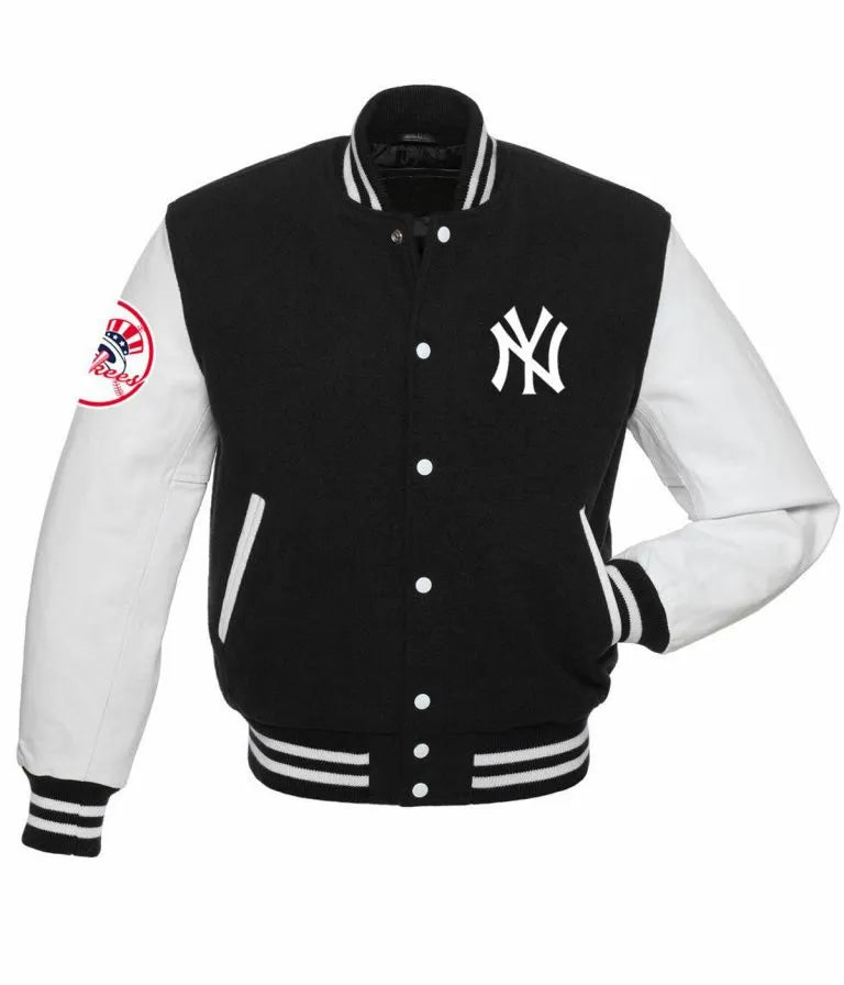 NY Yankees Black Wool and White Leather Sleeves Letterman Men's Jacket