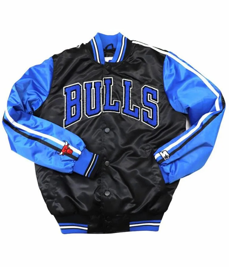 Chicago Bulls Full-Snap Varsity Black and Blue Satin Men's Bomber Jacket