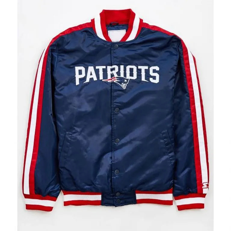 New England Patriots Striped Full-Snap Varsity Navy Blue Satin Men's Bomber Jacket