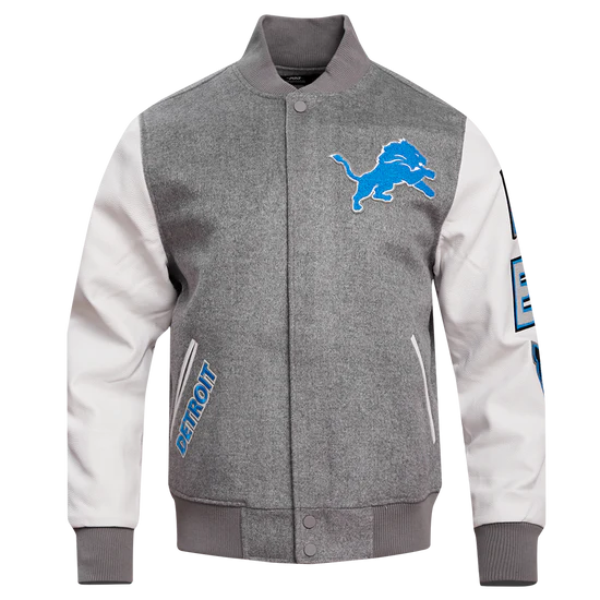 Detroit Lions Grey Wool & White Genuine Leather Sleeves Men's Varsity Jacket