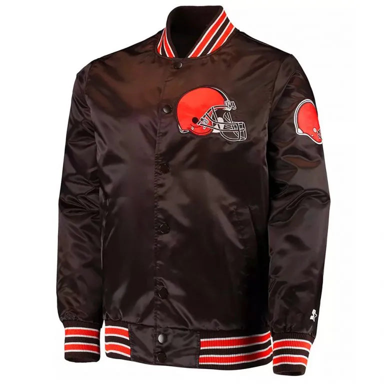Cleveland Browns The Diamond Retro Full-Snap Varsity Brown Satin Men's Bomber Jacket