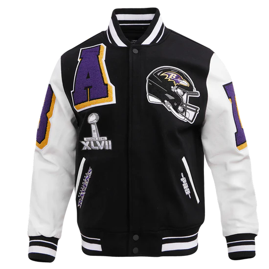 Baltimore Ravens Black Wool and White Leather Sleeves Varsity Men's Jacket