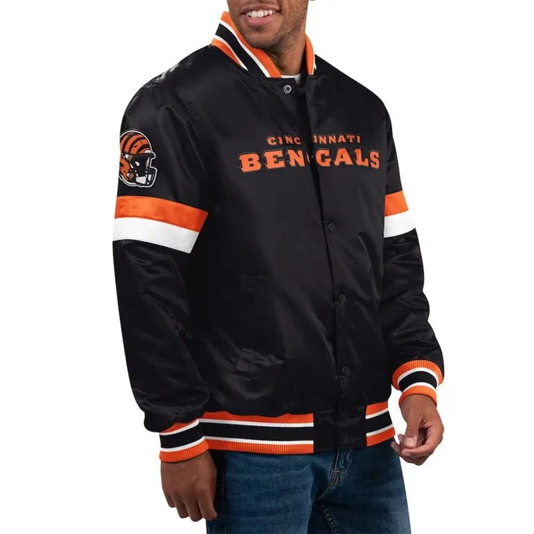 Cincinnati Bengals Home Game Full-Snap Varsity Black Satin Men's Bomber Jacket