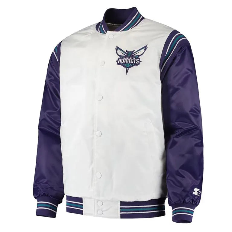 Charlotte Hornets The Enforcer Full-Snap Varsity Navy Blue and White Satin Men's Bomber Jacket
