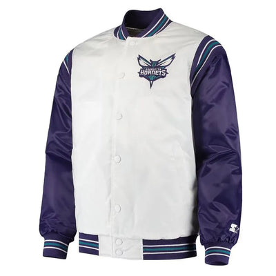 Charlotte Hornets The Enforcer Full-Snap Varsity Navy Blue and White Satin Men's Bomber Jacket