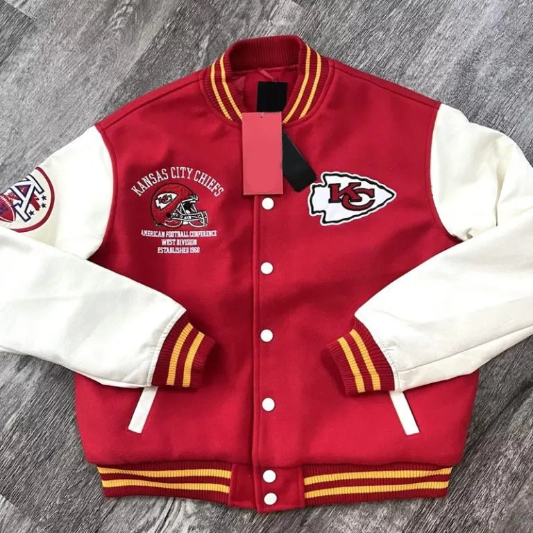 Kansas City Chiefs Thick Red Wool and White Genuine Leather Sleeves Men's Varsity Letterman Jacket