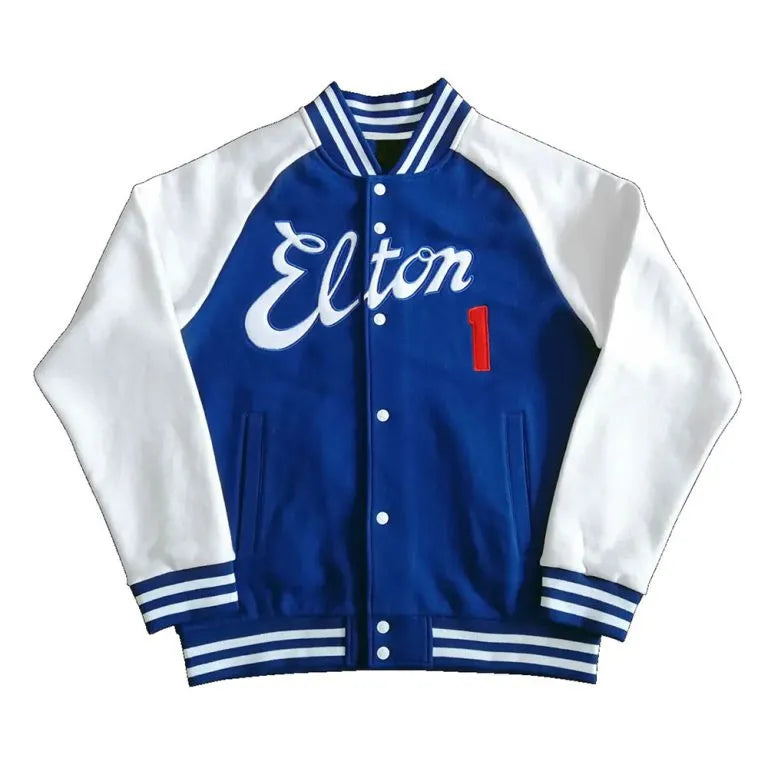 LA Dodger Elton John Blue Wool & White Leather Sleeves Full-Snap Varsity Men's Jacket