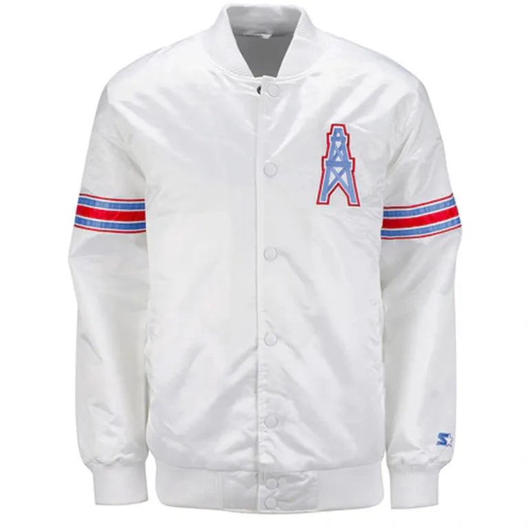 Houston Oilers Full-Snap Varsity White Satin Men's Bomber Jacket