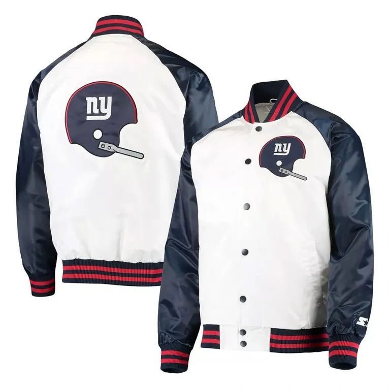New York Giants Clean Up Throwback Full-Snap Varsity Navy Blue & White Satin Men's Bomber Jacket