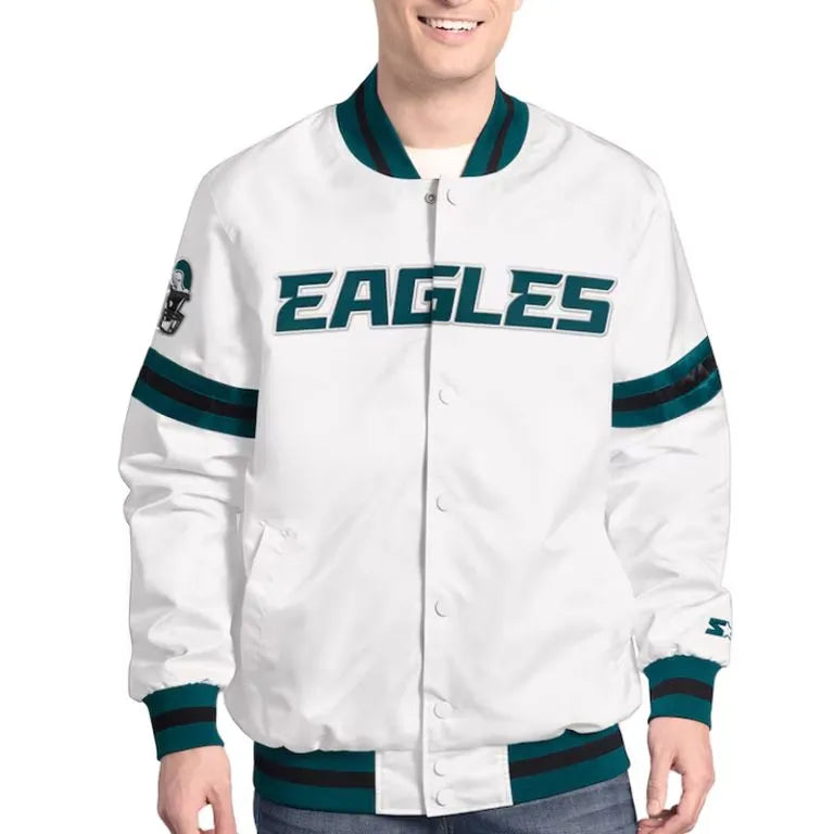 Philadelphia Eagles Vintage Scout Full-Snap Varsity White Satin Men's Bomber Jacket
