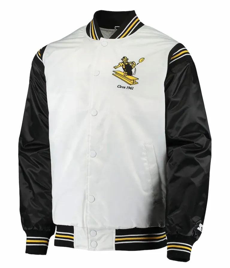 Pittsburgh Steelers Historic Renegade Full-Snap Varsity Black and White Satin Men's Bomber Jacket