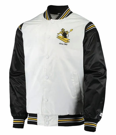 Pittsburgh Steelers Historic Renegade Full-Snap Varsity Black and White Satin Men's Bomber Jacket
