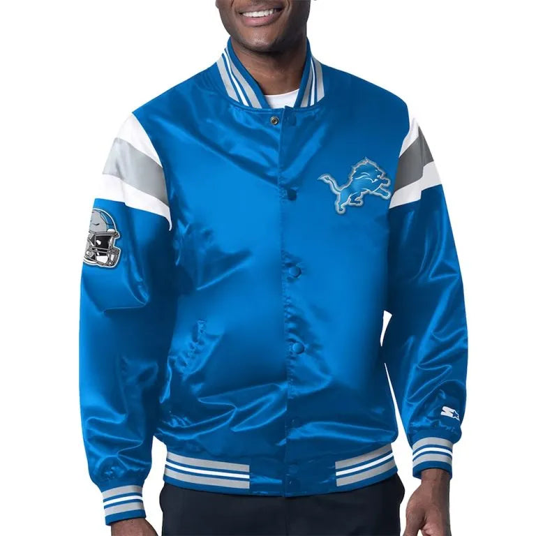 Detroit Lions Midweight Full-Snap Varsity Blue Satin Men's Bomber Jacket