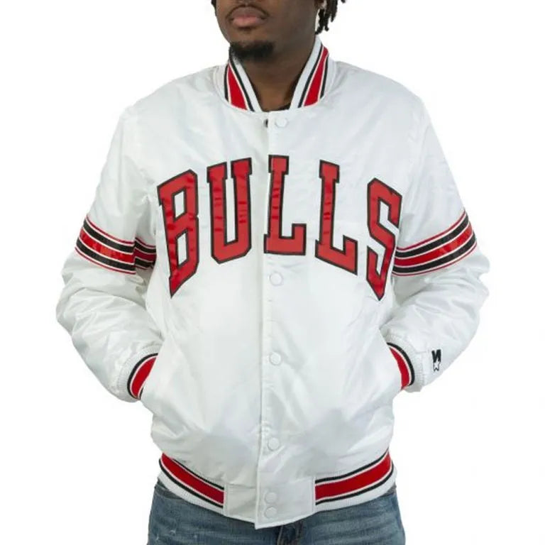 NBA Chicago Bulls Full-Snap Varsity Striped White Satin Men's Bomber Jacket