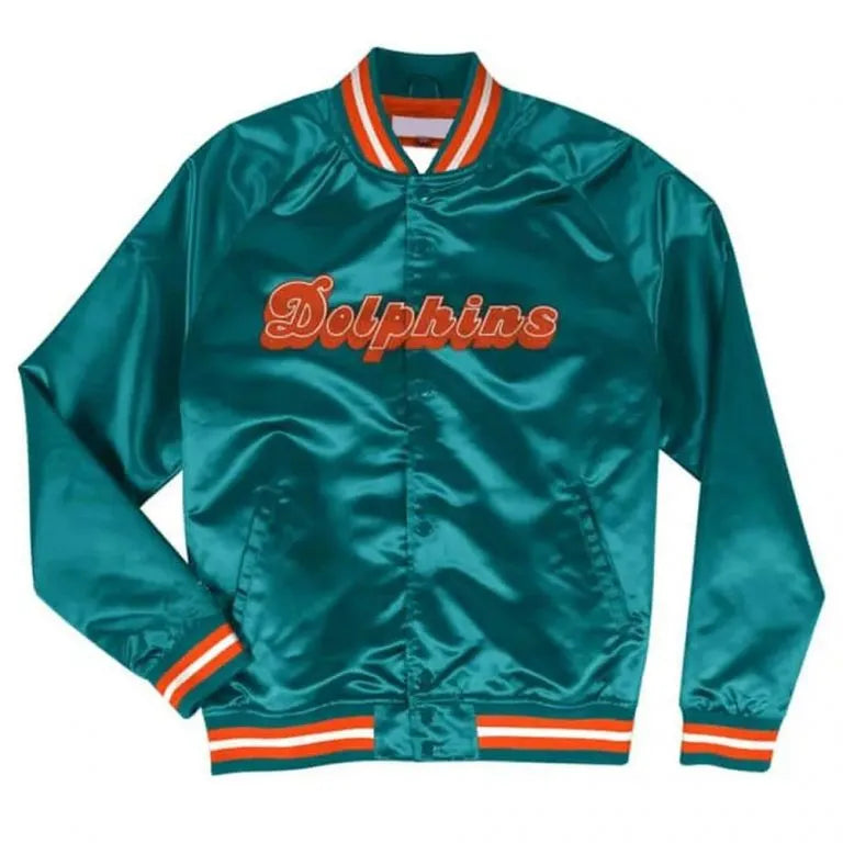 Miami Dolphins Lightweight Full-Snap Varsity Aqua Satin Men's Bomber Jacket