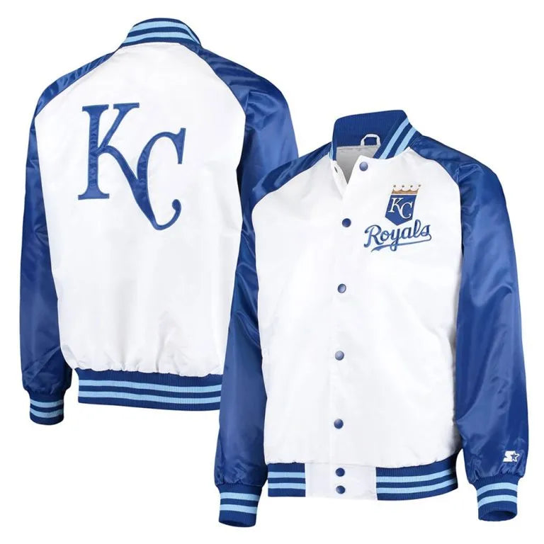 Kansas City Royals Clean-Up Hitter Full-Snap White and Royal Blue Satin Men's Jacket