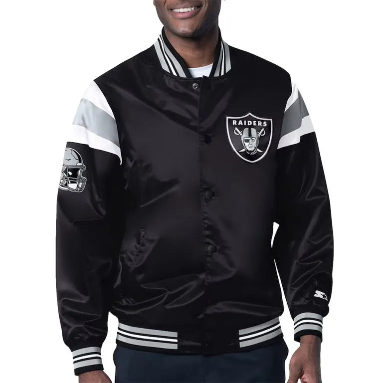 Los Angeles Raiders Midweight Full-Snap Varsity Black Satin Men's Bomber Jacket