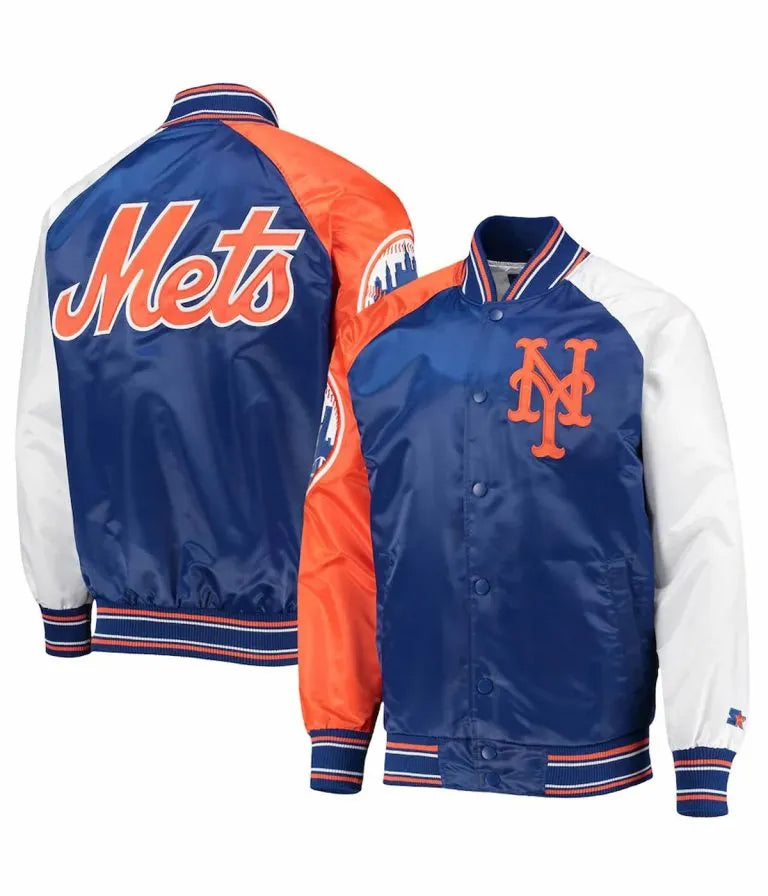 New York Mets Royal Blue & Orange Satin Raglan Full-Snap Varsity Men's Jacket