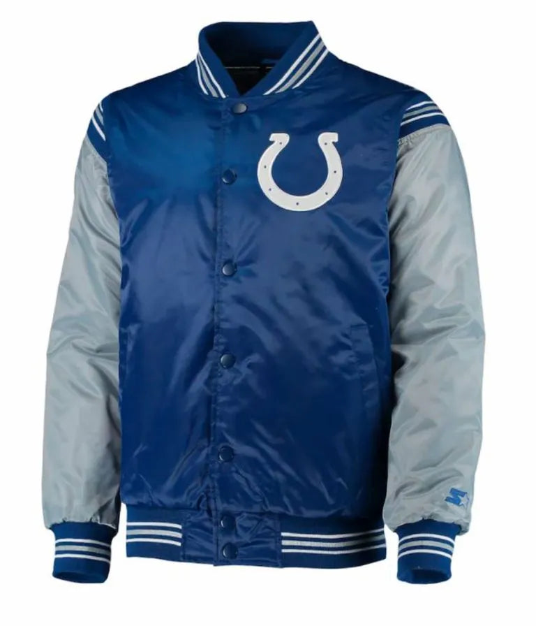 Indianapolis Colts Full-Snap Varsity Grey and Blue Satin Men's Bomber Jacket