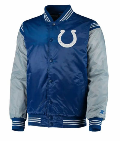 Indianapolis Colts Full-Snap Varsity Grey and Blue Satin Men's Bomber Jacket