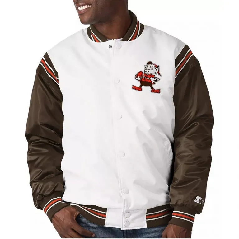 Cleveland Browns Historic Renegade Full-Snap Varsity White/Brown Satin Men's Bomber Jacket