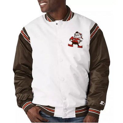 Cleveland Browns Historic Renegade Full-Snap Varsity White/Brown Satin Men's Bomber Jacket