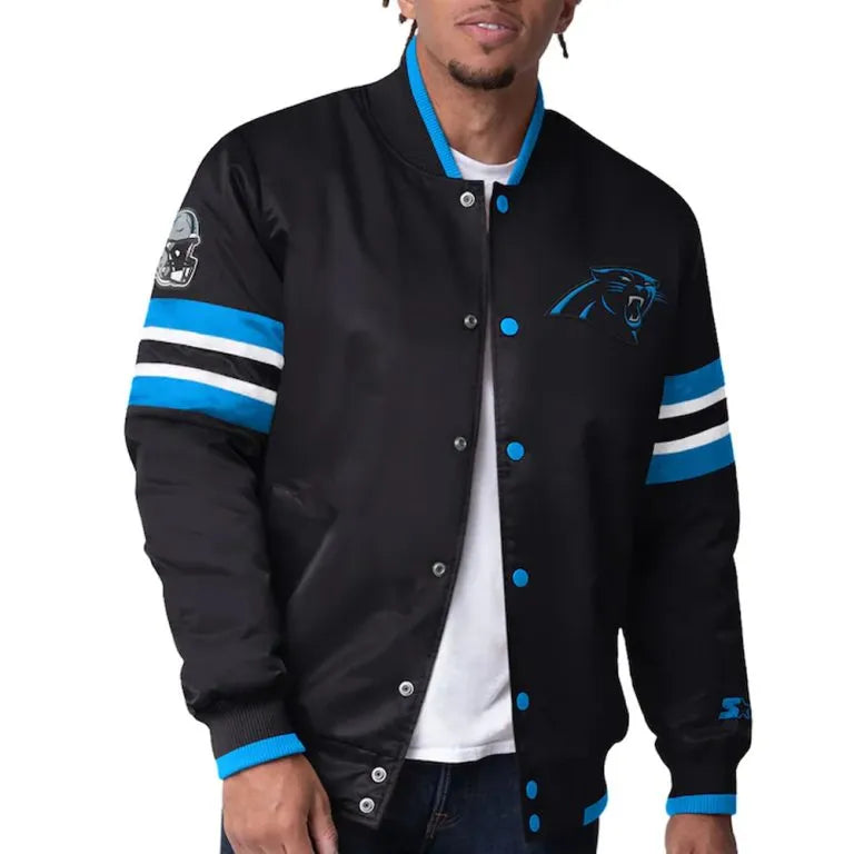 Carolina Panthers Scout I Full-Snap Varsity Black Satin Men's Bomber Jacket