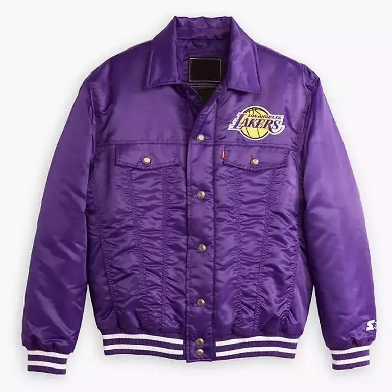 Los Angeles Lakers Silver Tab Trucker Varsity Purple Satin Men's Bomber Jacket