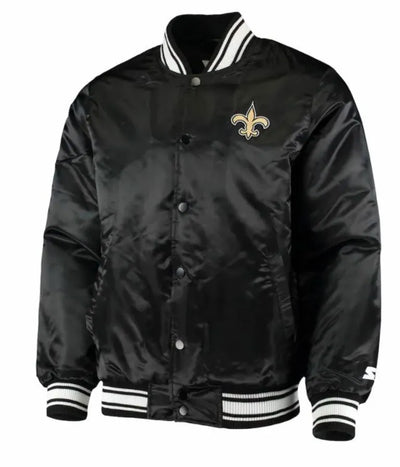 New Orleans Saints Locker Room Full-Snap Varsity Black Satin Men's Bomber Jacket