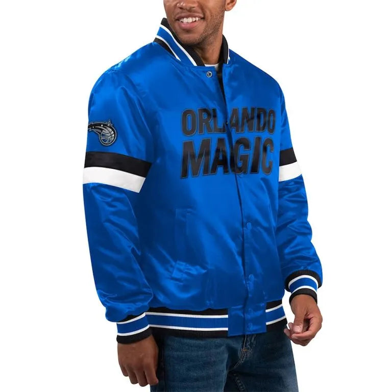 Orlando Magic Home Game Full-Snap Varsity Blue Satin Men's Bomber Jacket