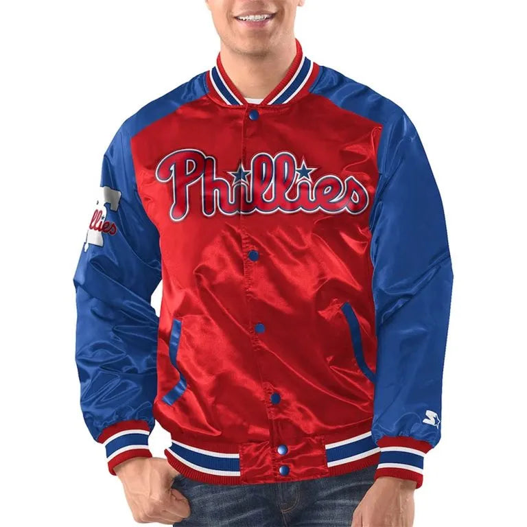 Philadelphia Phillies Full-Snap Royal Blue & Red Satin Men's Bomber Jacket