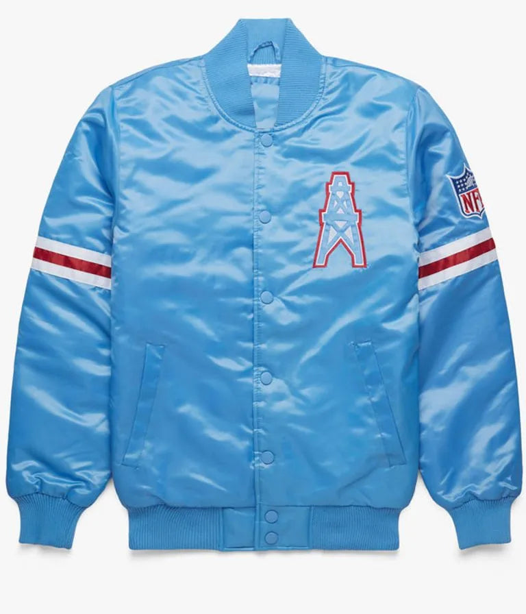 Houston Oilers Full-Snap Varsity Light Blue Satin Men's Bomber Jacket