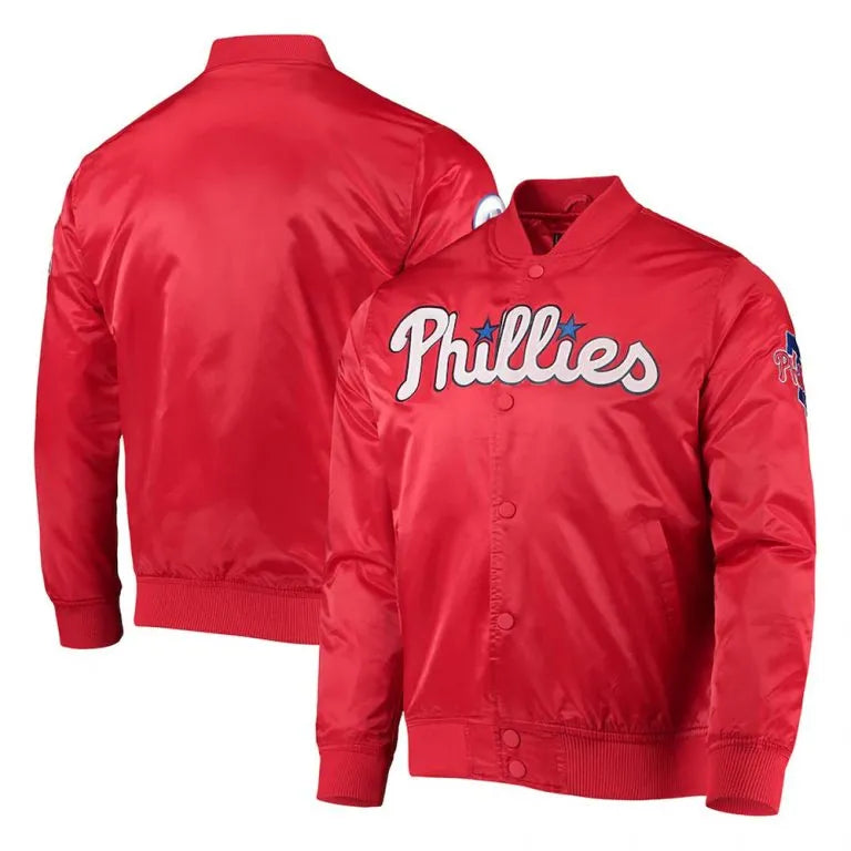 Philadelphia Phillies Wordmark Full-Snap Red Satin Men's Bomber Jacket