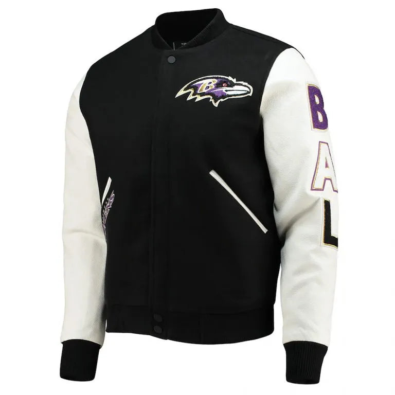 Baltimore Ravens Logo Black Wool and White Leather Sleeves Varsity Men's Jacket
