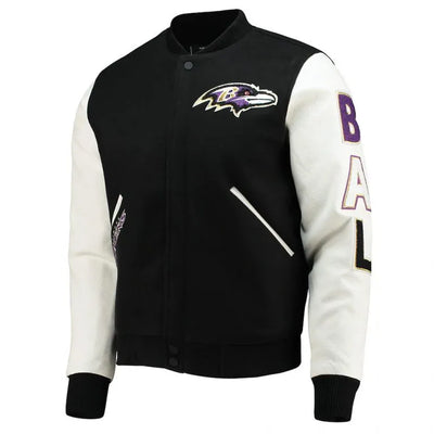 Baltimore Ravens Logo Black Wool and White Leather Sleeves Varsity Men's Jacket