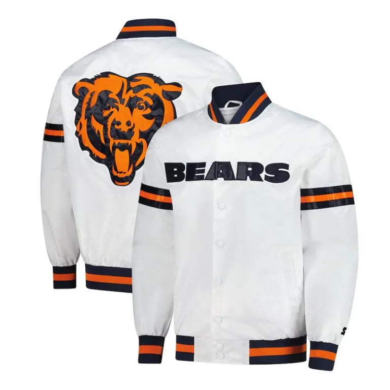 Chicago Bears Scout Full-Snap Varsity White Satin Men's Bomber Jacket