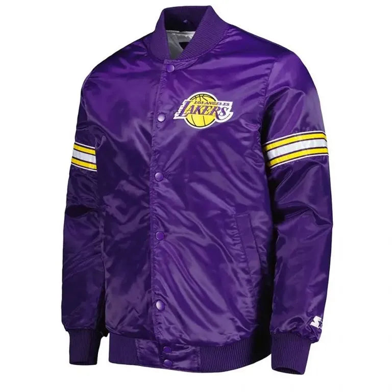 Los Angeles Lakers Pick & Roll Full-Snap Varsity Purple Satin Men's Bomber Jacket
