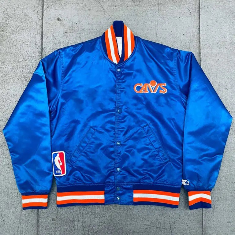 90’s Cleveland Cavaliers Full-Snap Varsity Blue Satin Men's Bomber Jacket