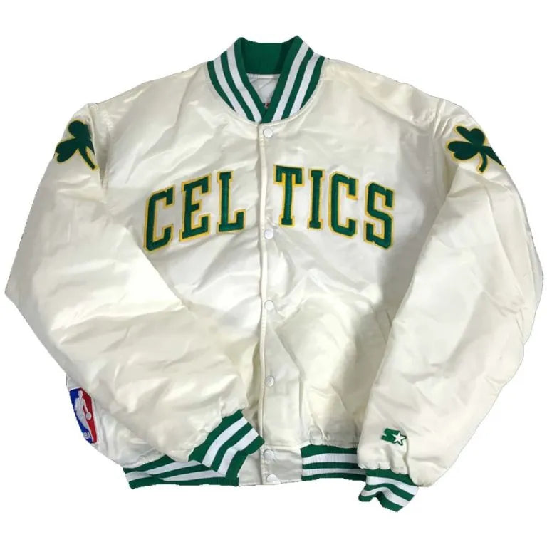 Boston Celtics Full-Snap Varsity White Satin Men's Bomber Jacket