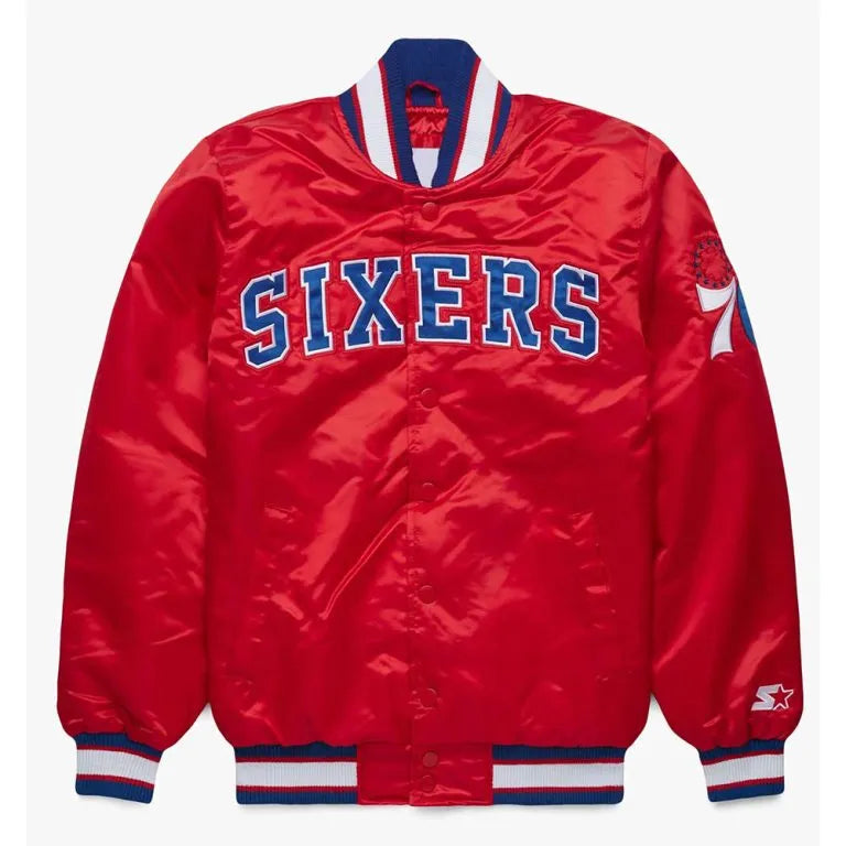 Philadelphia 76ers Classic Full-Snap Varsity Red Satin Men's Bomber Jacket