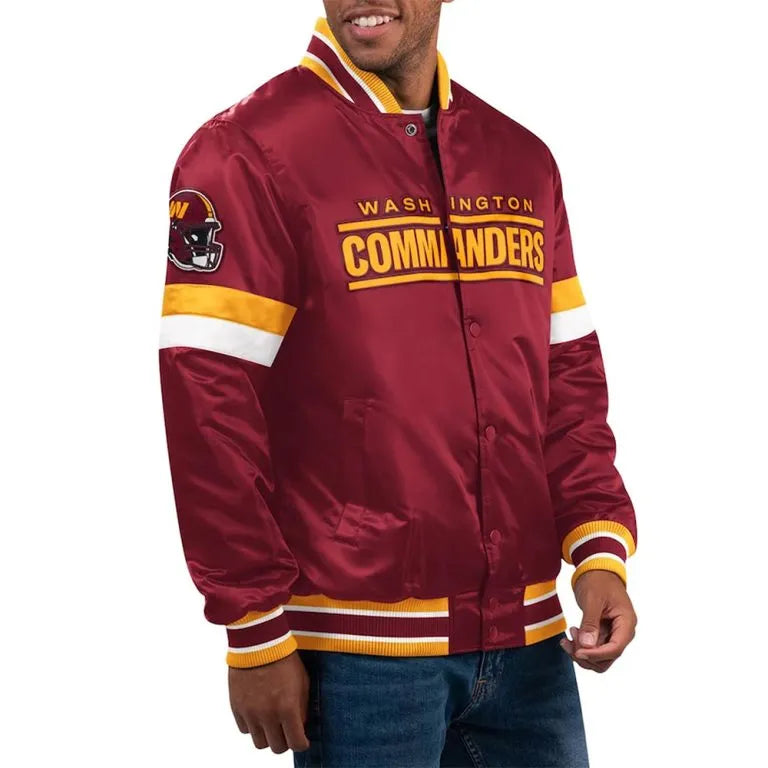 Washington Commanders Home Game Full-Snap Varsity Burgundy Satin Men's Bomber Jacket