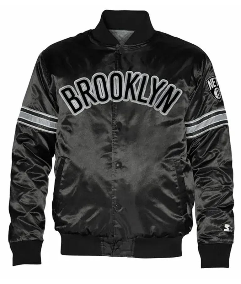 Brooklyn Nets Brooklyn Nets Full-Snap Varsity Black Satin Men's Bomber Jacket