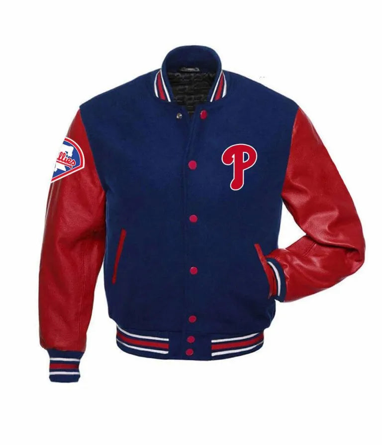 Philadelphia Phillies Blue Wool and Red Leather Sleeves Varsity Men's Jacket