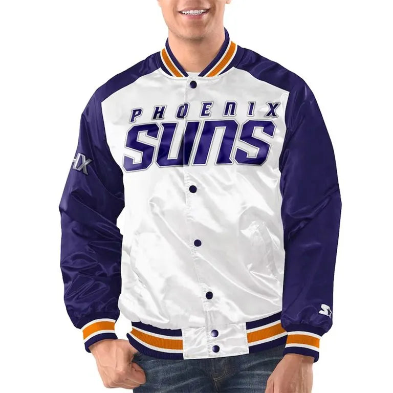Phoenix Suns Renegade Full-Snap Varsity White and Purple Satin Men's Bomber Jacket