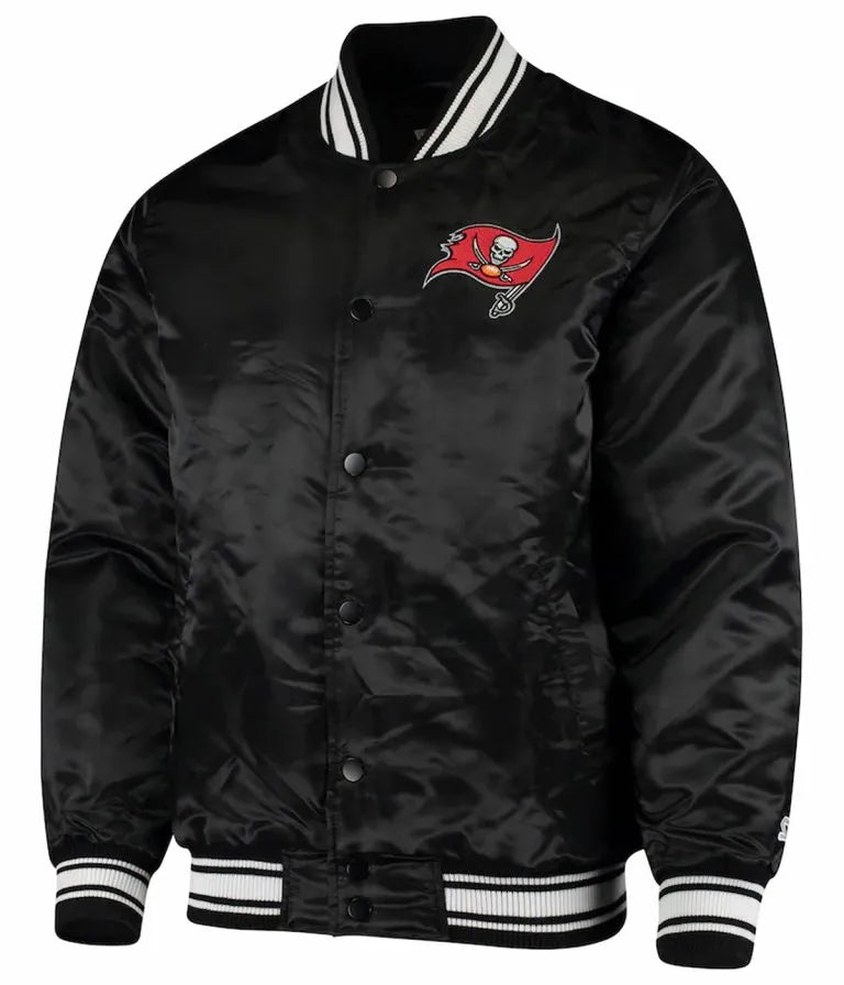 Tampa Bay Buccaneers Locker Room Full-Snap Varsity Black Satin Men's Bomber Jacket
