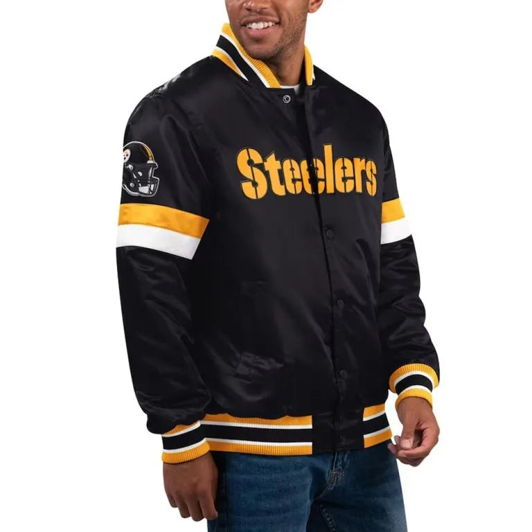 Pittsburgh Steelers Home Game Full-Snap Varsity Black Satin Men's Bomber Jacket